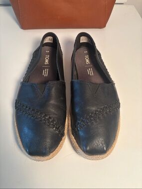 TOMS Black Woven Leather Espadrille Flats